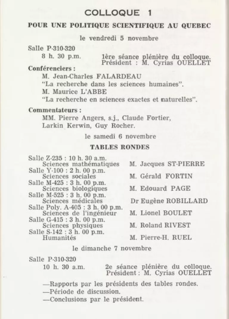 Programme du colloque, extrait du programme du 33e Congrès de l&#039;Acfas, tenu à l&#039;Université de Montréal, du 5 au 7 nov. 1965. Cette année-là, 500 communications seront présentées, au sein de 40 sections. Source : Fonds Acfas, BAnQ numérique.