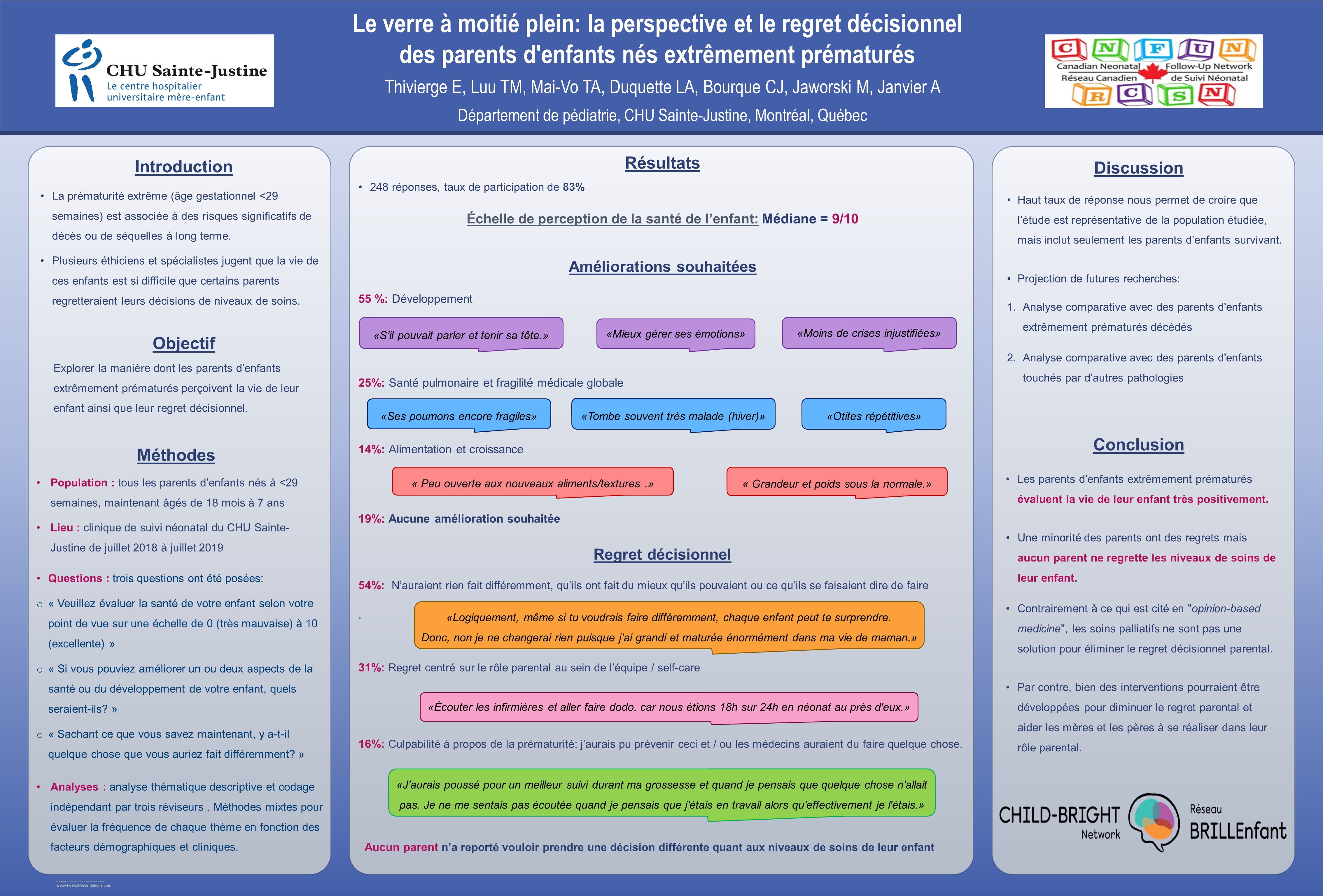 Perspectives parentales sur les issues de santé des enfants extrêmement